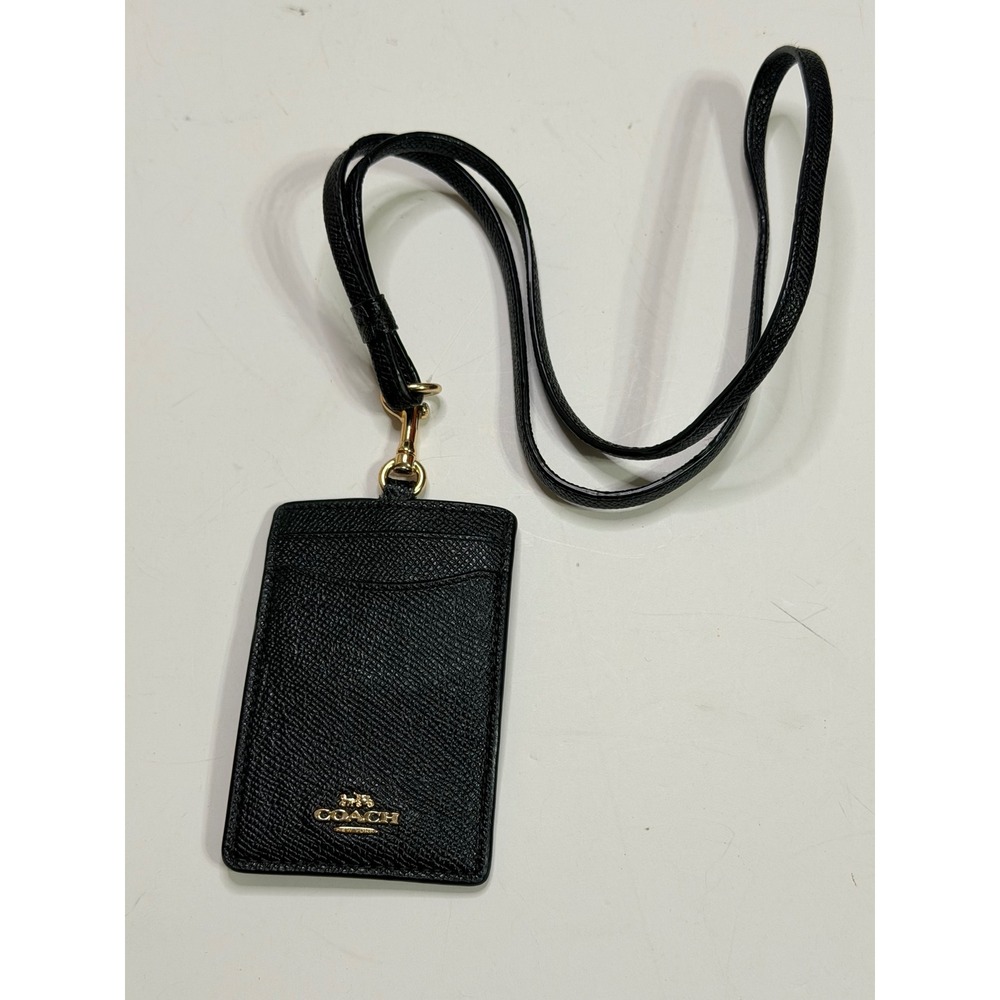 Coach ID Lanyard Black Crossgrain Leather Gold Hardware Card Case F57311